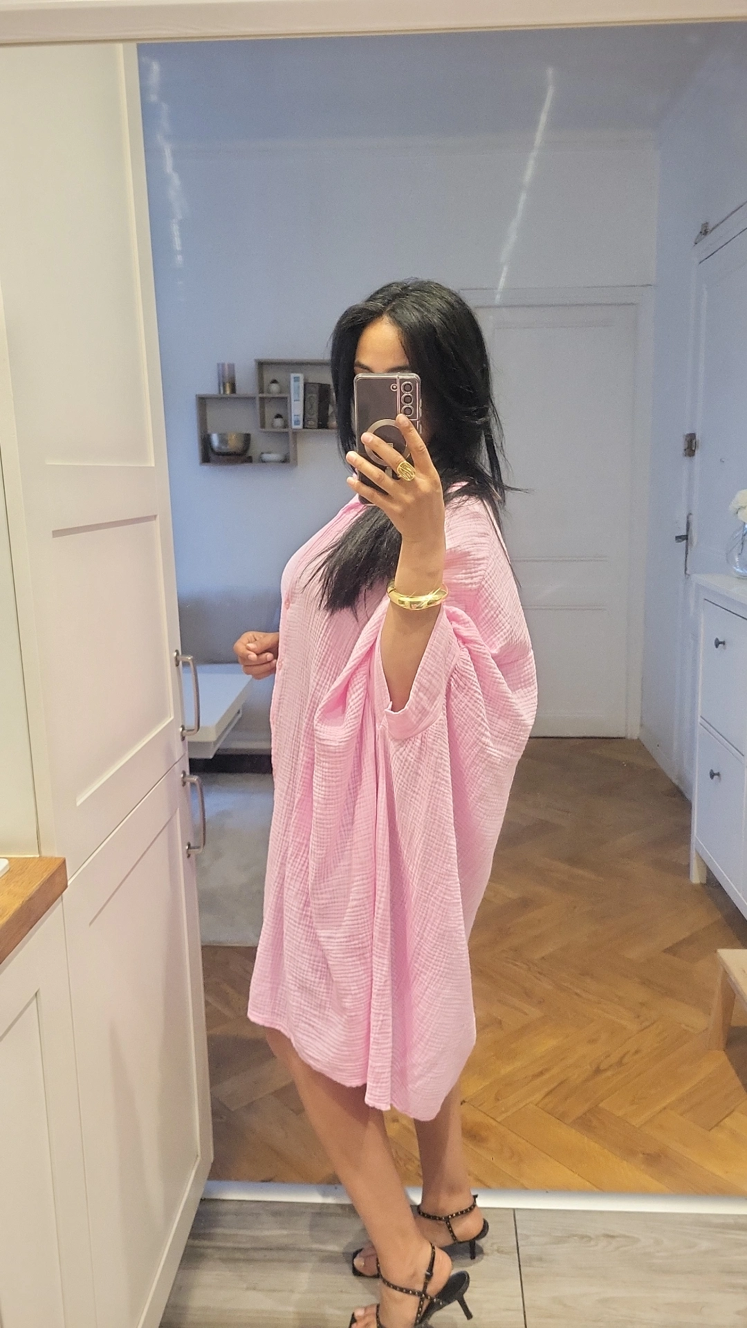 Blouse longue gaz de coton rose