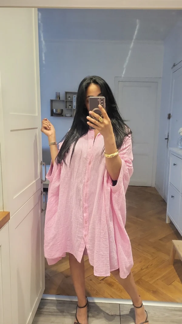 Blouse longue gaz de coton rose – Image 2