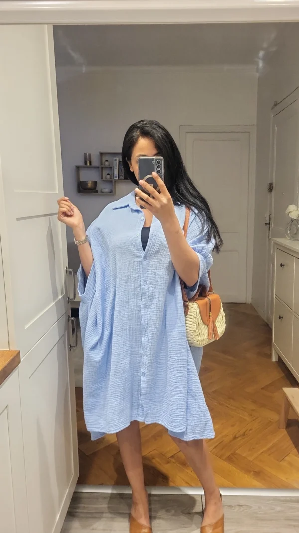 Blouse longue gaz de coton bleue – Image 3