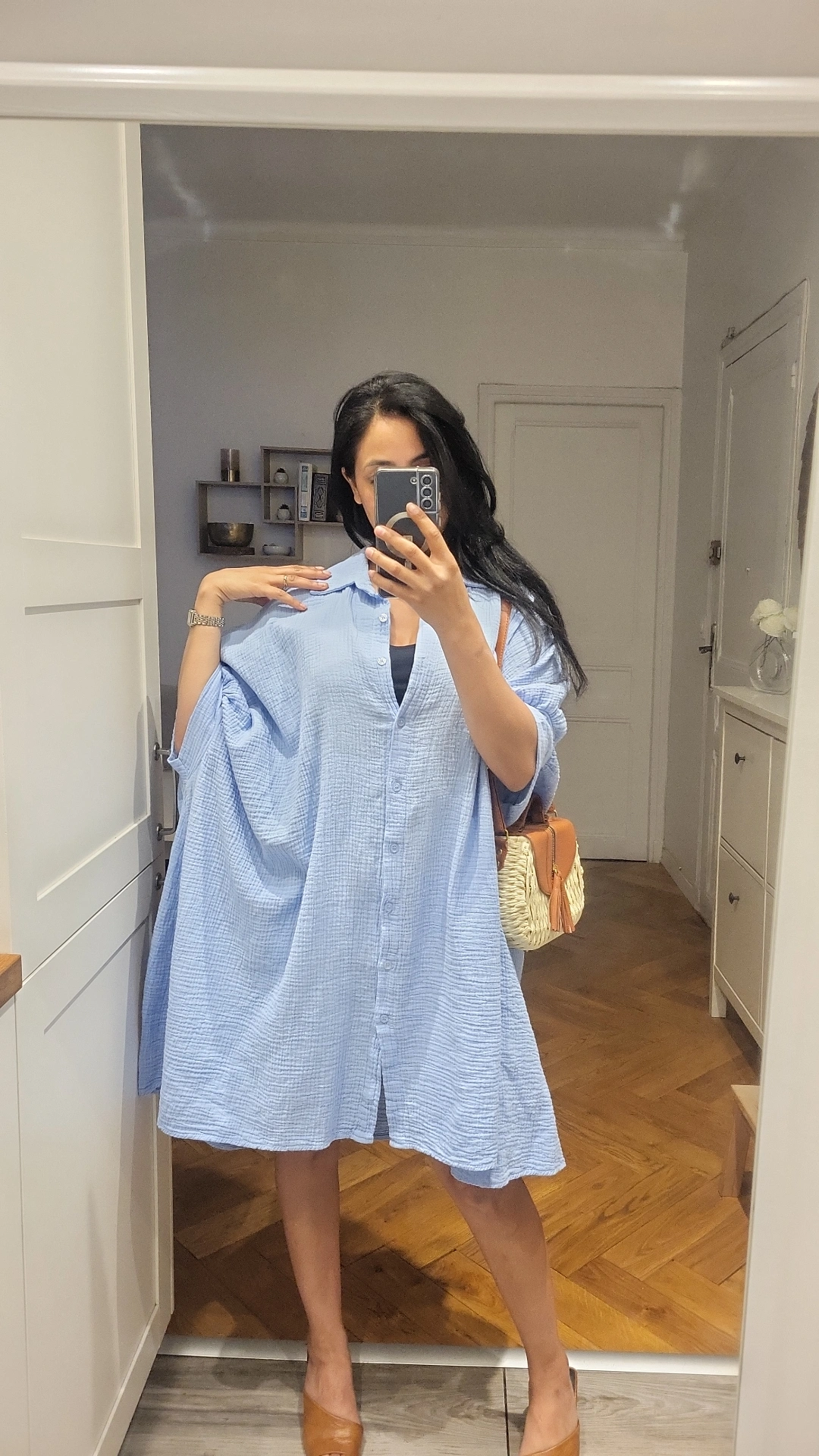 Blouse longue gaz de coton bleue