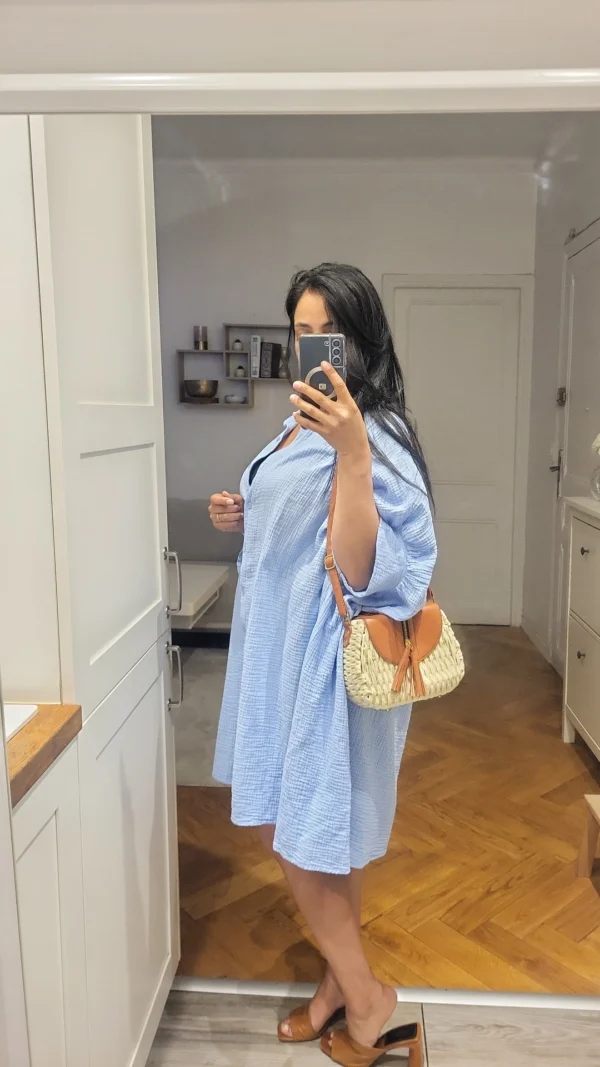 Blouse longue gaz de coton bleue – Image 2