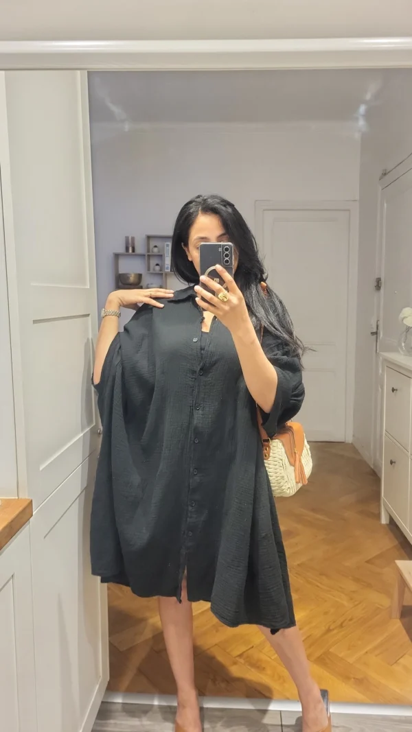 Blouse longue gaz de coton noire – Image 3