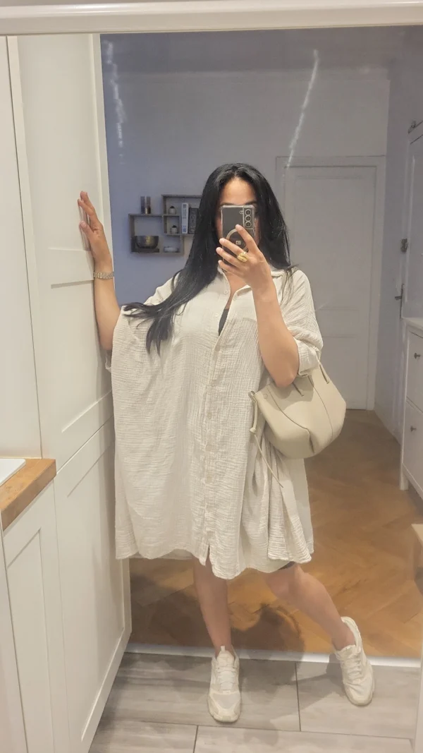 Blouse longue gaz de coton beige – Image 3